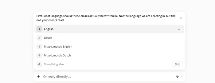 The Claude Email Localiser Skill in use, adapting a template into another language