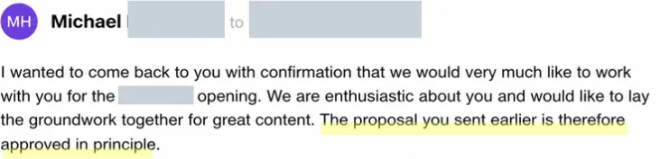 Screenshot of a client reply after one of the templates was sent