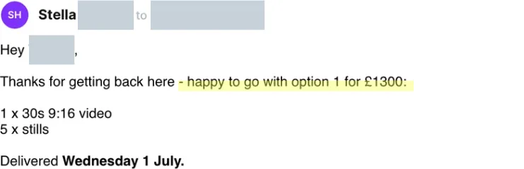 Screenshot of a client reply after one of the templates was sent