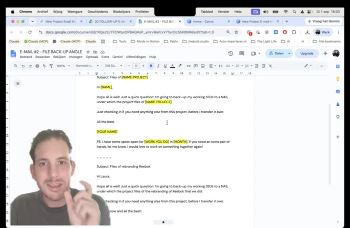 A still from the walkthrough, with the file backup email template open in Google Docs